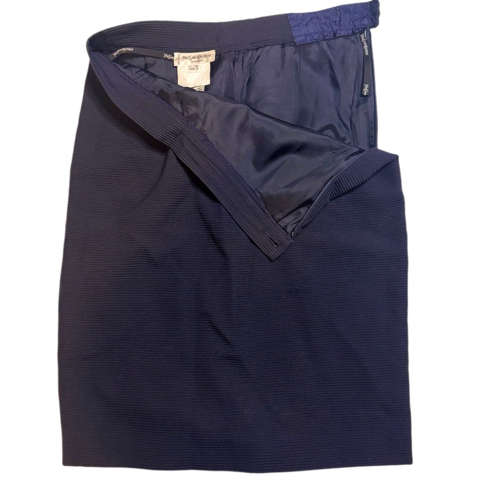 Vintage YSL Yves Saint Laurent 100% Wool Navy Blue Ribbed Pencil Skirt Sz 38 (6) - Picture 3 of 3